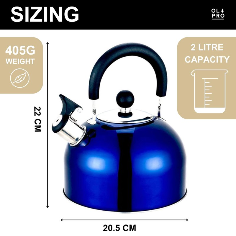 OLPRO 2 Litre Stainless Steel Whistling Kettle – Durable Blue