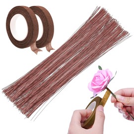 Woohome Pack of 200 Florist Wire, Brown, 26 Gauge 60 cm Flower Stem Wire and 2 Florist Ribbon for Bouquet Stem Wrap Florist