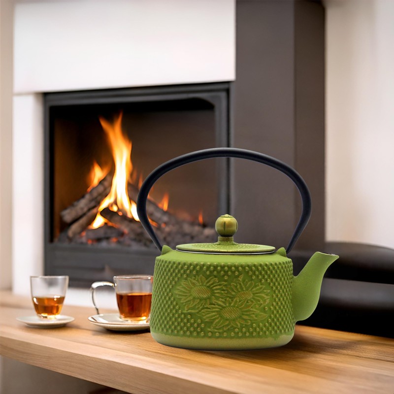 Cast Iron Teapot with Sunflower Pattern,SECHUDO Tea Kettle Coated with