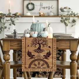 Artoid Mode Wooden Viking Tree of Life Raven Helmet of Awe Table Runner, Seasonal Table Decoration, Indoor, Holiday, Party Decor, 40 x 180 cm
