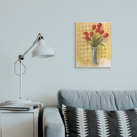 Stupell Industries Red Tulip Vase Over Yellow Checker Plaid, Design by Carol Rowan Wall Plaque, 13 x 19