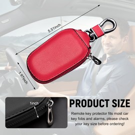 Yourkar Car Key Case, Genuine Leather Auto Key Fob Storage Bag, Key Chain Holder Key Ring Zipper Bag, Car Accessories (Red)