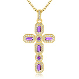 OKISIL 18K Gold Plated Cross Necklace for Women, Birthstone Cross Necklaces, 925 Sterling Silver Jewelry Pendant with 5A Crystal Cubic Zirconia, Birthday Anniversary Christian Gifts for Women Wife(Amethyst)