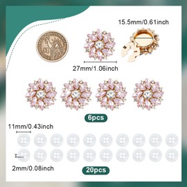 NBEADS Pack of 6 Rhinestone Button Covers, 2.7 cm Flowers, Removable Shirt Button Clips with 20 Pieces, 4-Hole Plastic Buttons for Sewing, Clothing, Embellishments, Bright Padparadscha