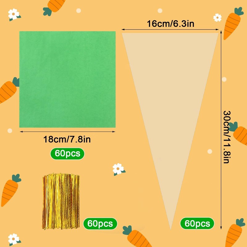 JANYUN 60 Set Clear Easter Carrot Cone Shaped Treat Bags