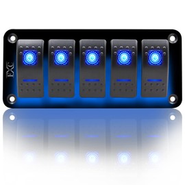 FXC Rocker Switch Aluminum Panel 5 Gang Toggle Switches Dash 5 Pin ON/Off 2 LED Backlit for Boat Car Marine Blue