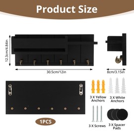 TPTGIAR Schlüsselbrett mit Ablage, Schlüsselbrett Holz mit Regal Enthält Briefhalter und 6 Haken, Dekoratives Schlüsselboard für Wohnzimmer Küche Büro Flur Schlafzimmer(Schwarz)