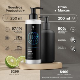 Jabón Facial de 250 ml con más de 97% de Ingredientes Naturales, Limpiador de Rostro con Extracto de Bergamota, Vitamina E, Vitamina C y Aceite de Coco. Face Wash B Life.