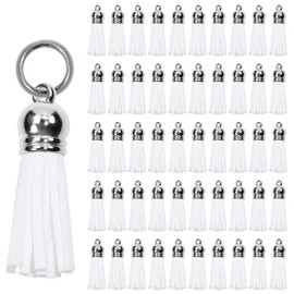 Mini Skater Suede Faux Leather Tassels for Jewelry Making 50Pcs Silver Cap Leather Trim Fringe Tassel Bulk with 50Pcs Jump Rings Sewing Accessories (White)