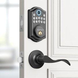 Keyless Entry Door Lock with Handle - 2 Lever Handles, AkaGear Fingerprint Door Lock, Electronic Keypad Deadbolt, 2 Keys, Smart Lock for Front Door, Auto-Lock & One Touch Locking, Easy Installation