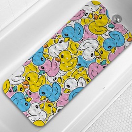 Azppsad Yellow Bathtub Mat Non Slip, 40x16 inch Bath and Shower Safety Mats, Cartoon Cute Duck Tub Mat for Bathroom, Tub Shower Mat with Drain Holes and Suction Cups