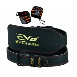 EVO Fitness 6” Matte Black Weight Lifting Belt With 18" Wrist Straps Gym Cowhide Leather Padded Lumbar Back Support Powerlifting Bodybuilding Workout Training Men Women (Black, Medium)