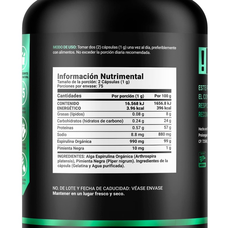Espirulina Orgánica de 150 Cápsulas 500 mg. Ingredientes naturales: Alga