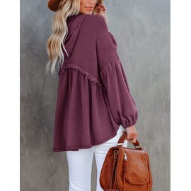 Limerose Womens Tunic Top Casual Long Sleeves Peplum Babydoll Ruffle Knit Hoodies Pullover Wine Red