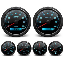 ARTILAURA 6 Gauge Set-GPS Speedometer, Tachometer, Fuel Level, Water Temperature, Oil Pressure, Voltage 7 Color Backlight Boat Gauges Set Marine Car (All Black)