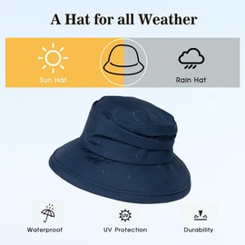 Comhats Rain Hat for Women Waterproof Wide Brim Sun Hats for Ladies UPF 50+ Summer Hiking Bucket Hats Beach Foldable Navy Medium