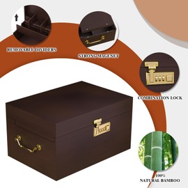 promitop Bamboo Storage Box with Lid and Lock – Large Wooden Stash Box with Rolling Tray, Adjustable Dividers & Vintage Gold Side Handles, Elegant Storage Organizer