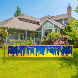BlissYard Happy Ramadan Banner 78x17 Inch Ramadan Eid Mubarak Party Backdrop Banner Muslim EID Mubarak Decoration Photo Booth Prop Photography Background Muslim Ramadan Party Supplies