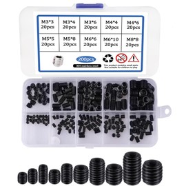 Allen Head Socket Set Screw - M3/M4/M5/M6/M8 200Pcs 304 Stainless Steel Internal Hex Drive Grub Screw Assortment Kit Black