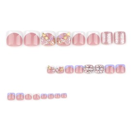 Short Press on Toenails French Tip Fake Toenails 3D Butterfly Acrylic Toenails Square Shape Artificial Toenails Summer False Toenails Cute Toe Nails Press ons for Women DIY Decorations, 24Pcs