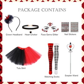 ChouGlow Carnival Costume Women, Queen of Hearts Costume, Red Heart Queen Costume Set with Dress, Crown, Face Gemstones and Socks for Carnival, Fancy Dress, Theme Party