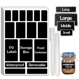 JIEHENG 170Pcs Black Removable Labels for Jars,for Storage Bins,for Food Containers with 2 Liquid Chalk Marker(Black)