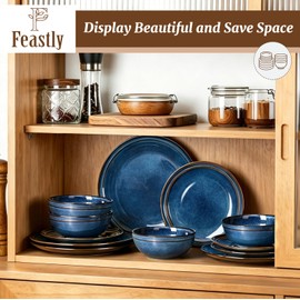 Feastly Plates and Bowls Sets 12 Pieces, Blue Reactive Glaze Dinnerware Set