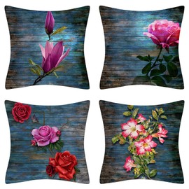 Fullfun Floral Teal Cushion Covers, Single Sided Navy Farmhouse Vintage Flower Throw Pillow Covers, Premium Linen Square Decorative Pillowcase for Sofa Living Room Bedroom 45 cm x 45 cm (18 x 18 in)
