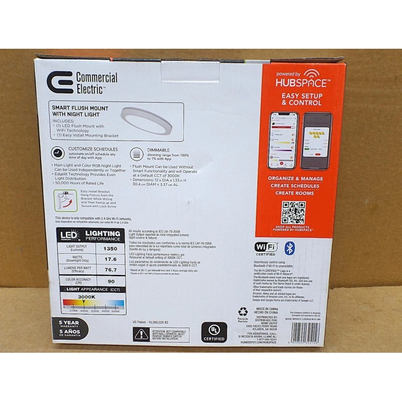 COMMERCIAL ELECTRIC 12" HUBSPACE SMART CCT RGB SELECTABLE LED FLUSH