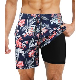 Suwangi Men's Swim Trunks Double Layer Beach Shorts Quick Dry Swimming Trunks Compression Liner 2 in 1 Swim Shorts Boxer Brief Waterproof Surfing Boar
