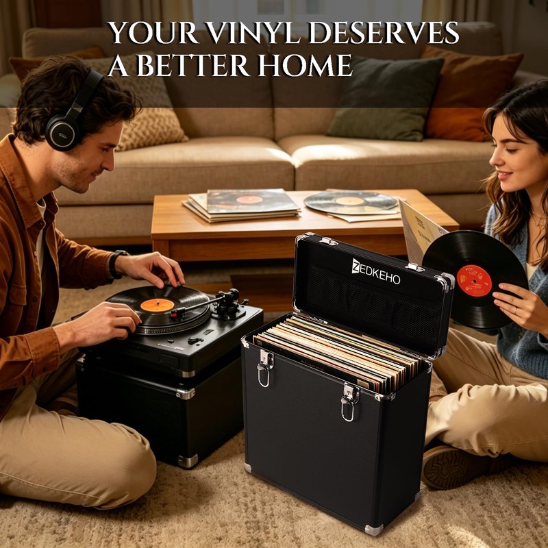 ZEDKEHO Vinyl Record Storage Box with Lock, Holds 35+ LP