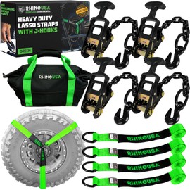 Rhino USA Car Tie Down Straps with J Hooks – 4 Pack 2" x8' – 10,000lbs Break Strength – Heavy Duty T-Handle Car Hauler Tire Lasso Wheel Straps for Trailers, UTV & Powersports – Green