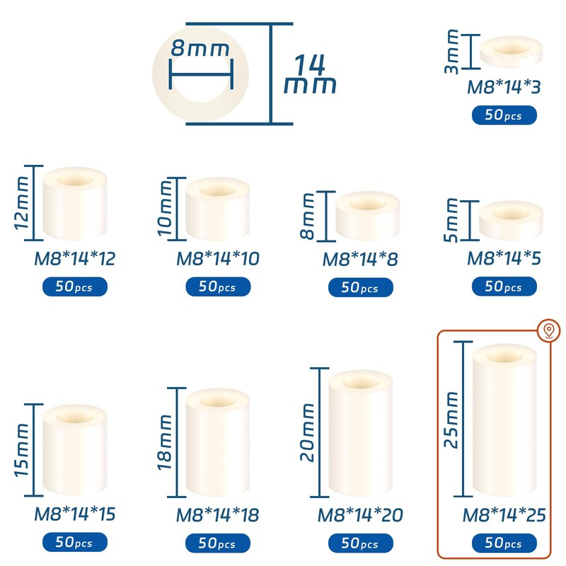 SWTYExt Spacer Sleeves Plastic M8 Round Spacers Pack of 50