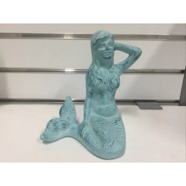 Cast Iron Sky Blue Sitting Mermaid