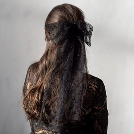 Bachelorette Veil, Pearl White Bow Bachelorette Veil, Large Hair Bow Bachelorette Party Decorations for Bridesmaid Gift (Black)