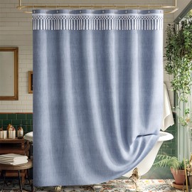 AmazerBath Blue Boho Shower Curtains for Bathroom, Farmhouse Shower Curtain with Top Tassels, Blue Shower Curtain Set, Faux Linen Fabric Shower Curtain with 12 Hooks, Hotel Quality, 72x72 Inches