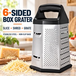 6-Sided Stainless Steel Box Grater for Everyday Food Prep – Multi-Function Cheese and Vegetable Grater for Home Kitchens