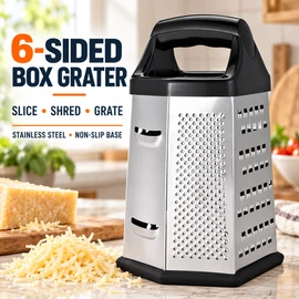 6-Sided Stainless Steel Box Grater for Everyday Food Prep – Multi-Function Cheese and Vegetable Grater for Home Kitchens