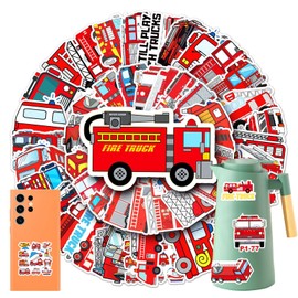 Cartoon Fire Truck Stickers for Laptops, 50 PCS Cute Fire Fighting Engine Vehicles Decals for Kids Teens Boys, Yiwuzxmy Vinyl Stickers for Water Bottles Journals Walls Guitar Decorations