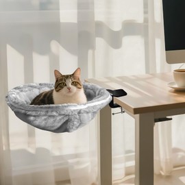 Sturdy Cat Desk Hammock for Remote Workers,Gamers and Office Staff-Integrated Die-cast Clamp,no Flimsy Parts-Soft Faux Fur with Strong Steel Frame–Small Pet Bed for Desk or Gaming Station Use (Round)