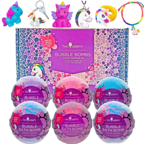 Two Sisters Bath Bombs for Kids with Surprise Toys Inside, 6 Bubble Bath Bombs with Hidden Unicorn Toys, Gentle and Kids Safe, Ideal Birthday Gift for Boys & Girls