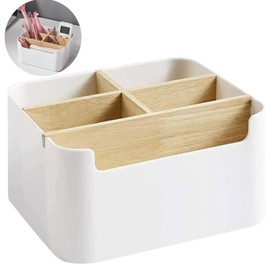 Bamboo Table Organiser Desktop, Desk Organiser, 5 Compartments Wooden Desktop Pen, Storage Box, Desktop Stationery Storage Box, Desktop Pen for Cosmetics, Pens, Small Items (A)