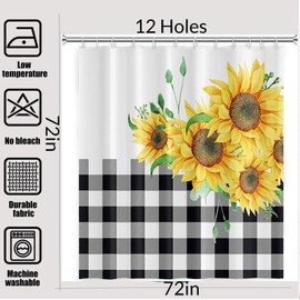 Yeele Sunflower Shower Curtain Black and White Buffalo Plaids Yellow Flower Plants Rustic Farmhouse Floral Checkered Waterproof Polyester Home Kitchen Bathroom Decoration with Hooks 72x72in