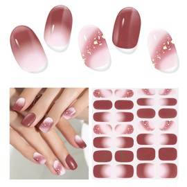 Semi Cured Gel Nail Strips,28 PCS Fall Nail Art Stickers for Holiday (Brick Red),Gel Stickers for Nails UV Light,Nail Polish Strips Includes Prep Pads, Nail File & Wood Stick