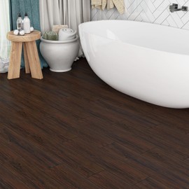 Wallercity Dark Brown Peel and Stick Floor Tiles Wood Grain Waterproof Vinyl Flooring Removable Floor Panels Peel and Stick 36”x6” Flooring Laminate Sheets Thick Sticky Tiles for Kitchen Bedroom 4PCS