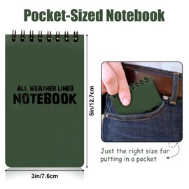 RETON 6 Pack Waterproof Notebook, 3 x 5 Inches Waterproof Pocket Notepad, All-Weather Top Spiral Memo Steno Pads with Grid, Write in the Rain Notebook for Outdoor Activity Recording (Army Green)