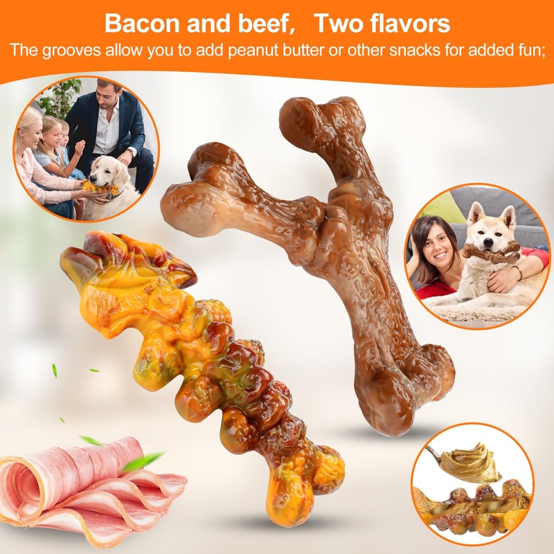 Aroocke 2-Pack Tough Large Dog Chew Toys - Bacon Flavor,