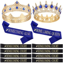 Saintrygo 12 Pcs Homecoming Crowns and Sashes Set Homecoming King Queen Crystal Tiara Court Shiny Sash for Homecoming Party (Gold, Blue,Shiny)