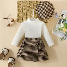 LUJENGEFA Baby Girl Outfits Set 3pc Plaid A-line Skirt+Long Sleeve Knitwear Tops+cap Fall Winter Set 0-3 Years Brown 12-18 months
