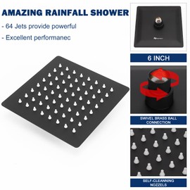 NearMoon Rain Shower Head, High Flow Stainless Steel Square Rainfall Shower, High Pressure Design, Awesome Shower Experience Even At Low Water Flow (6 Inch, Matte Black)